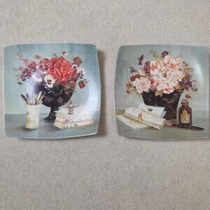 Kathryn White Set Of 2 8" Square Curved Decorative Floral Salad Plates Cyress